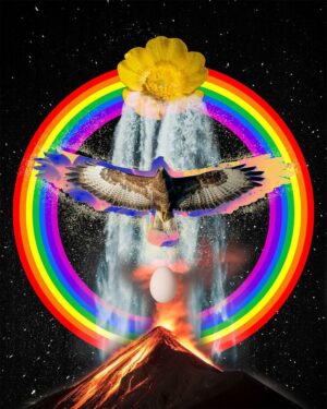 Digital collage with a bird of prey with wings spread open above an erupting volcano and an egg encircled by a rainbow with an open flower and a waterfall set in front of a starry sky