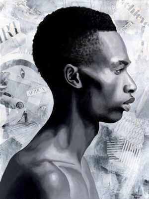En grisaille portrait of a young black man against a background collage featuring inspiring phrases such as “create” “turn-up” and “achieve”