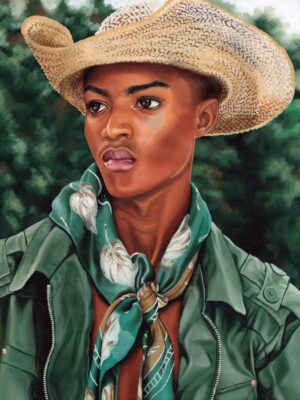 Painting of a boy with a straw hat on his head, wearing a green silk floral scarf around his neck and a sage green combat jacket unzipped in front of a blurred background of foliage
