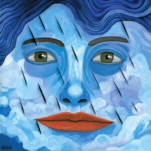 Surrealist painting of a blue cloud-like face