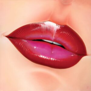 Painting of a close-up crop of feminine lips with red lipstick fading to a light pink in the center