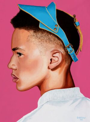 Painting of the profile of a boy with a bright blue visor constructed out of leather and buckles