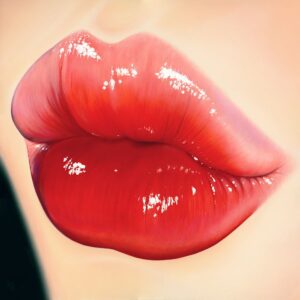 Close up painting of feminine pursed lips with a red stained tint and gloss