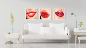 Triptych of square prints showing hyper-realistic paintings of lips